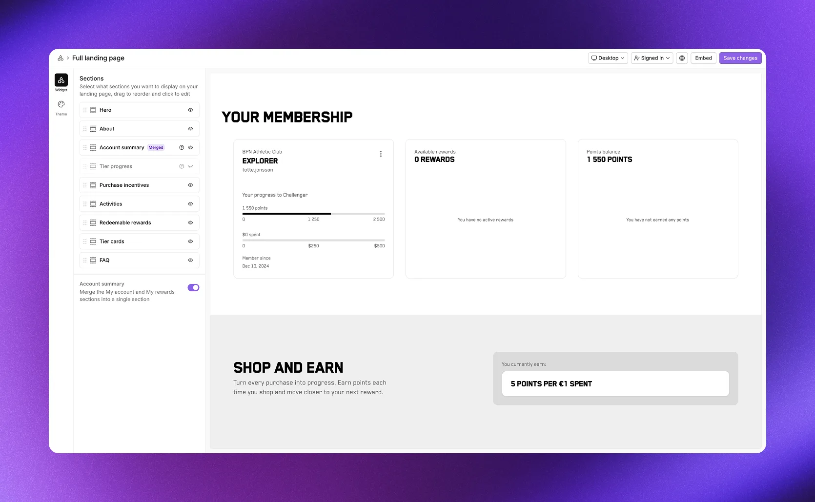 Full landing page widget editor showing section management