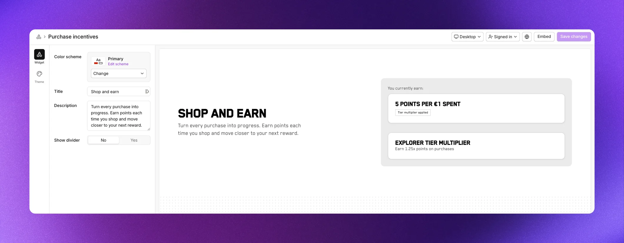 Purchase incentives section showing points earning rate