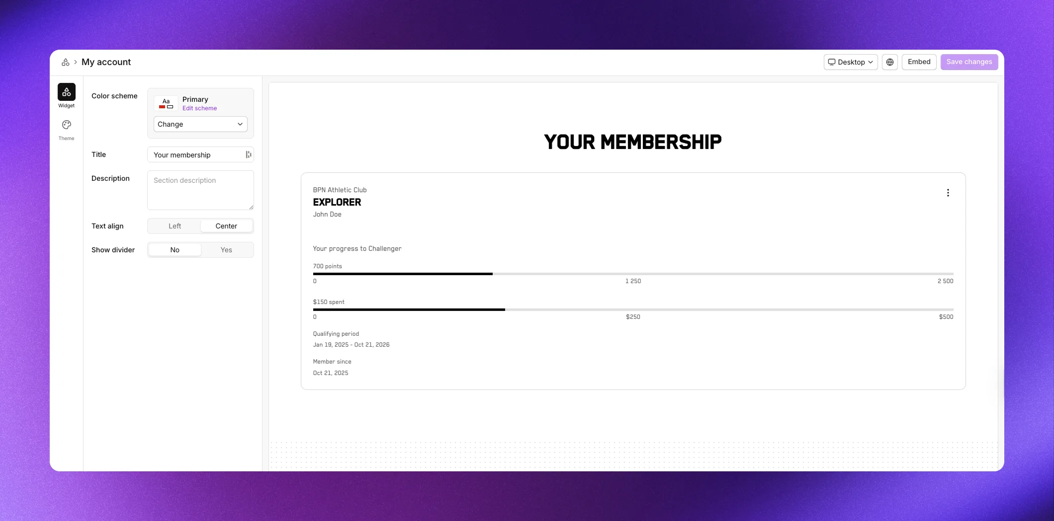 My account section showing tier status and progress bar