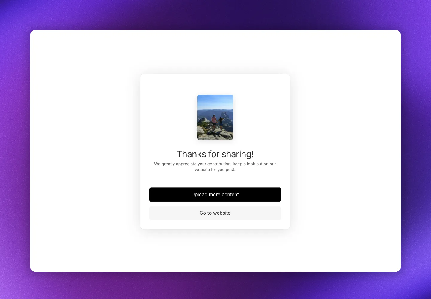 Upload form thank you screen